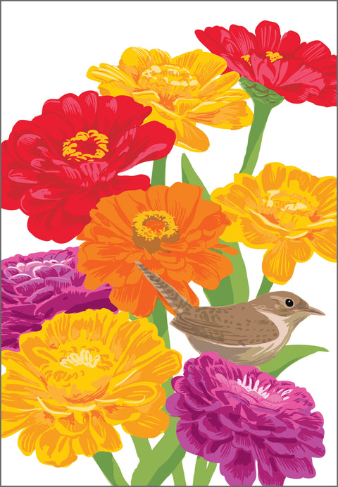 RBI-9166 House Wren and Zinnias